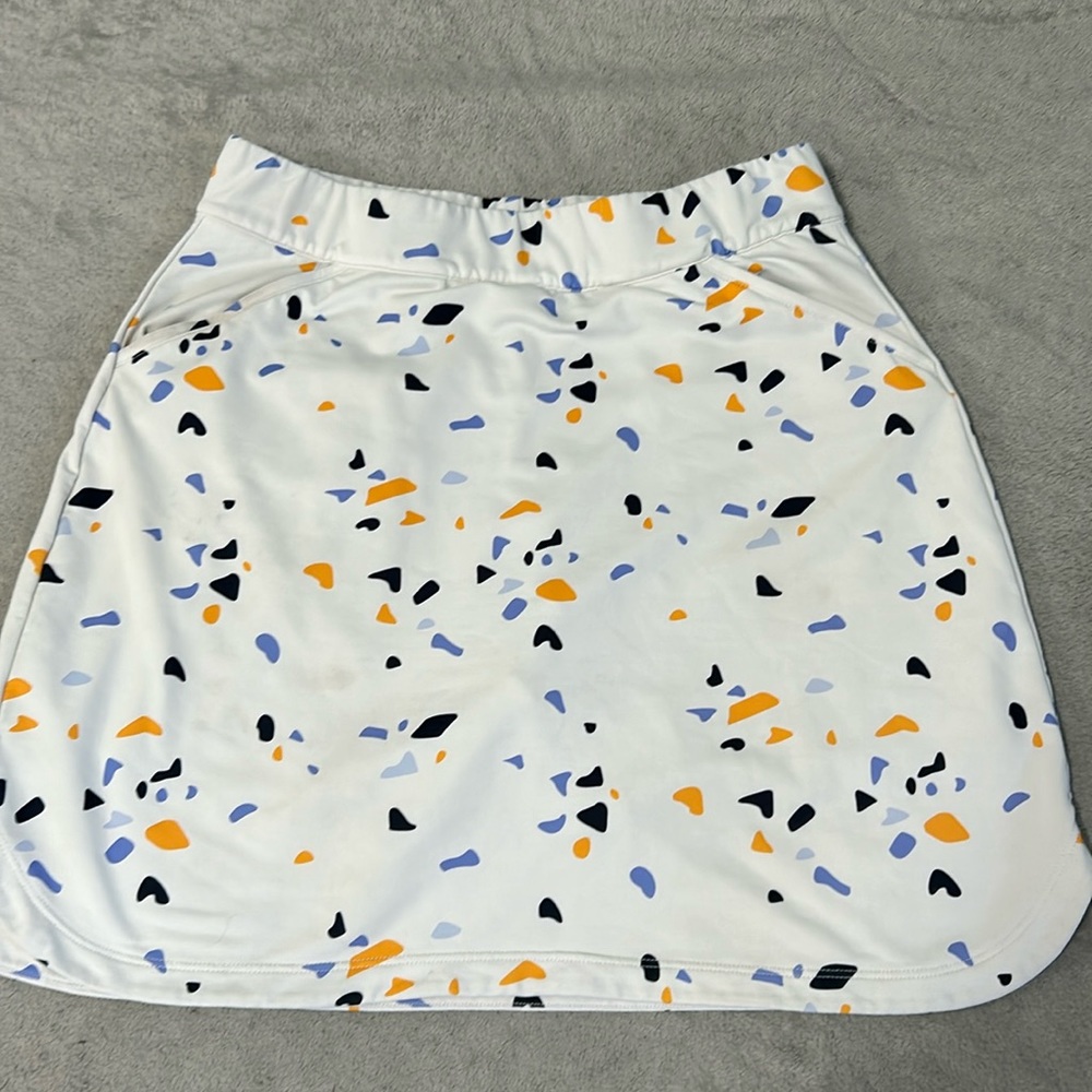 Peter Millar White Skort with Black, Blue, and Orange Confetti Print